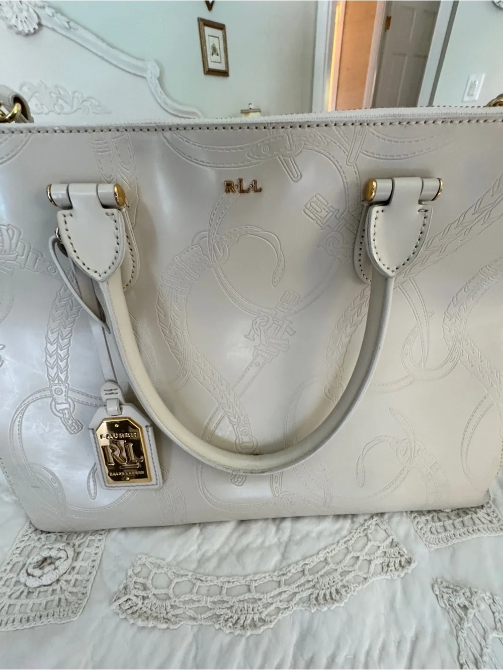 Ralph Lauren “Taylor, Belti Double-Zip Embossed Leather Satchel” in Ivory